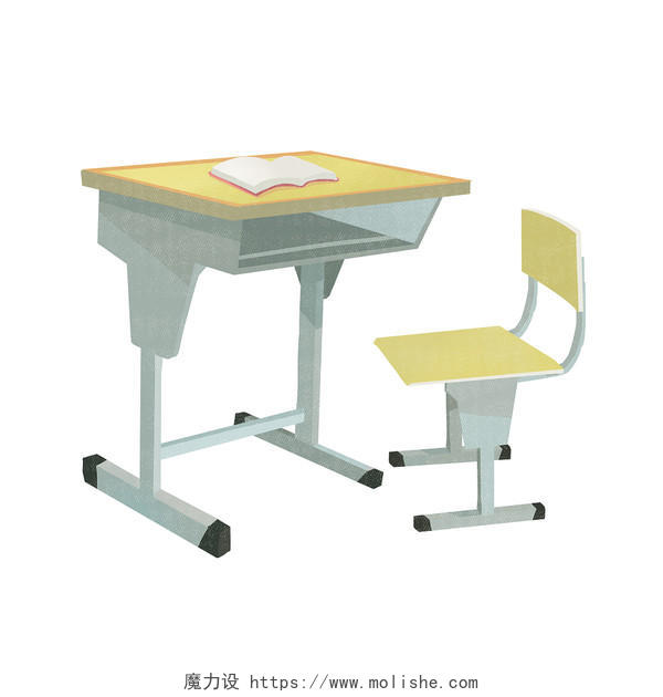 手绘卡通开学季课桌书本和椅子免扣元素图案